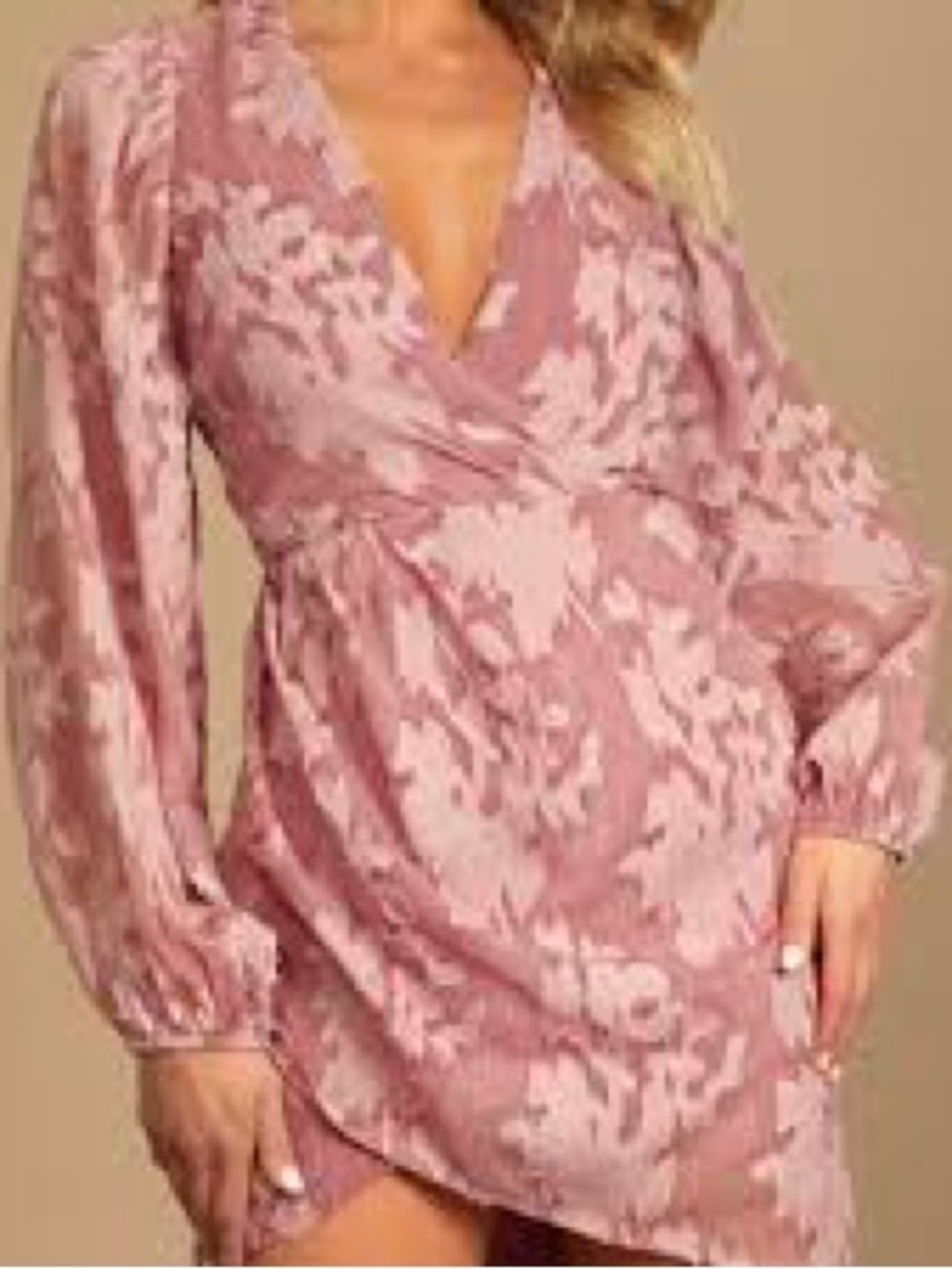 LULUS Meant to Shine Mauve Floral Jacquard Long Sleeve Mini Dress Wrap S Pink - Picture 3 of 9
